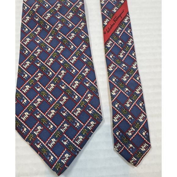 Salvatore Ferragamo Silk Tie Elephants Camels Palms Blue Red Novelty Print Italy - Picture 6 of 6